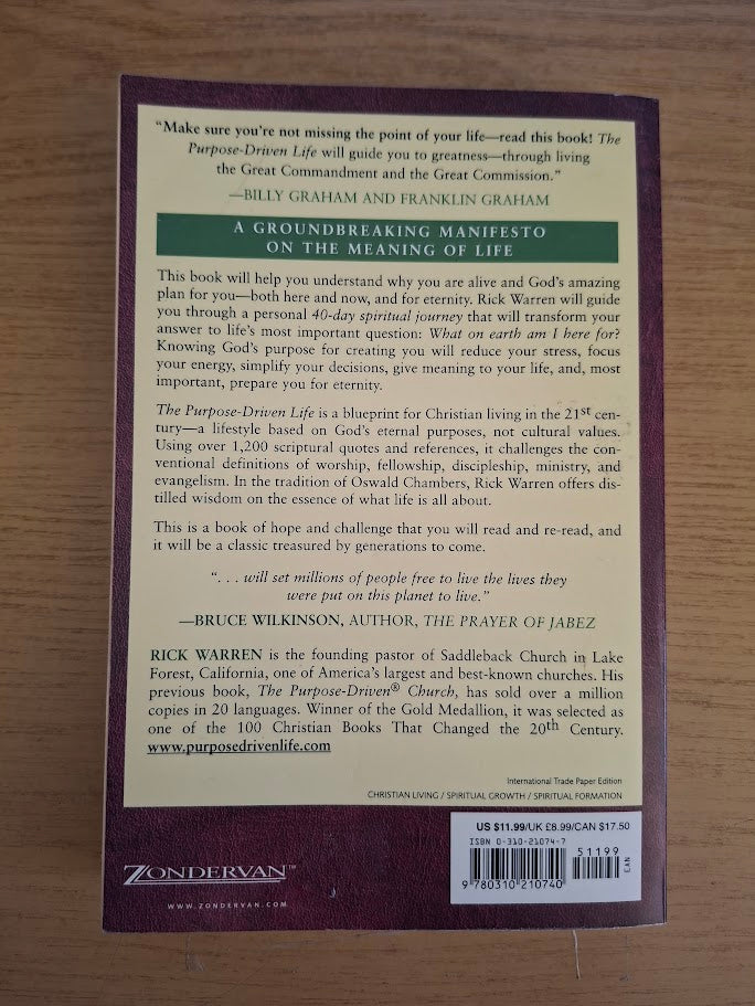 The Purpose Driven Life: What on Earth Am I Here For? – Rick Warren (2002 Zondervan Paperback)