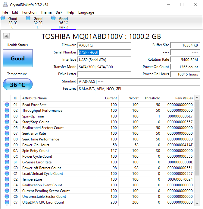 Toshiba 1TB 2.5" SATA Laptop Hard Drive – Second-Hand