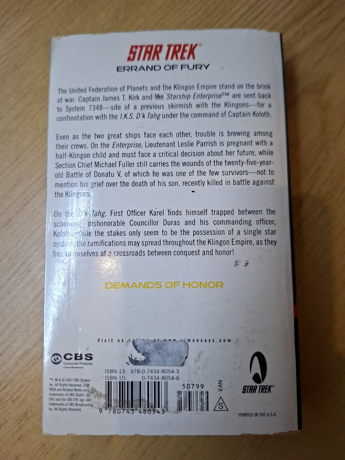 Star Trek: Errand of Fury – Book 2: Demands of Honor – Kevin Ryan (Second-Hand)