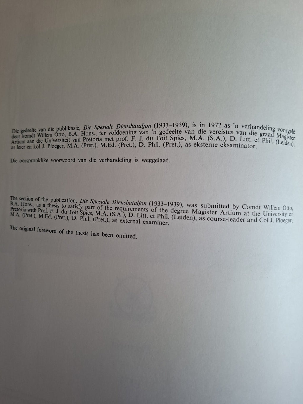 Die Spesiale Diensbataljon (1933–1973) – Komdt W. Otto (Second Hand Book)